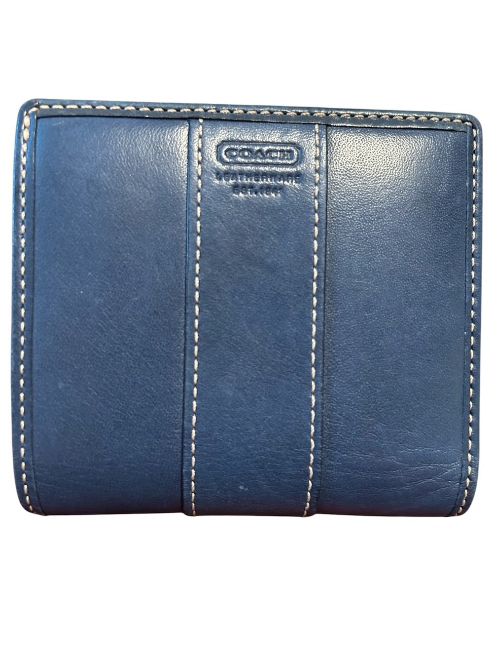 COACH Navy Blue Leather Bifold Wallet with Contrast Stitching